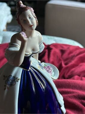 Porcelain Lady Figurine in Deep Blue, White and Pink